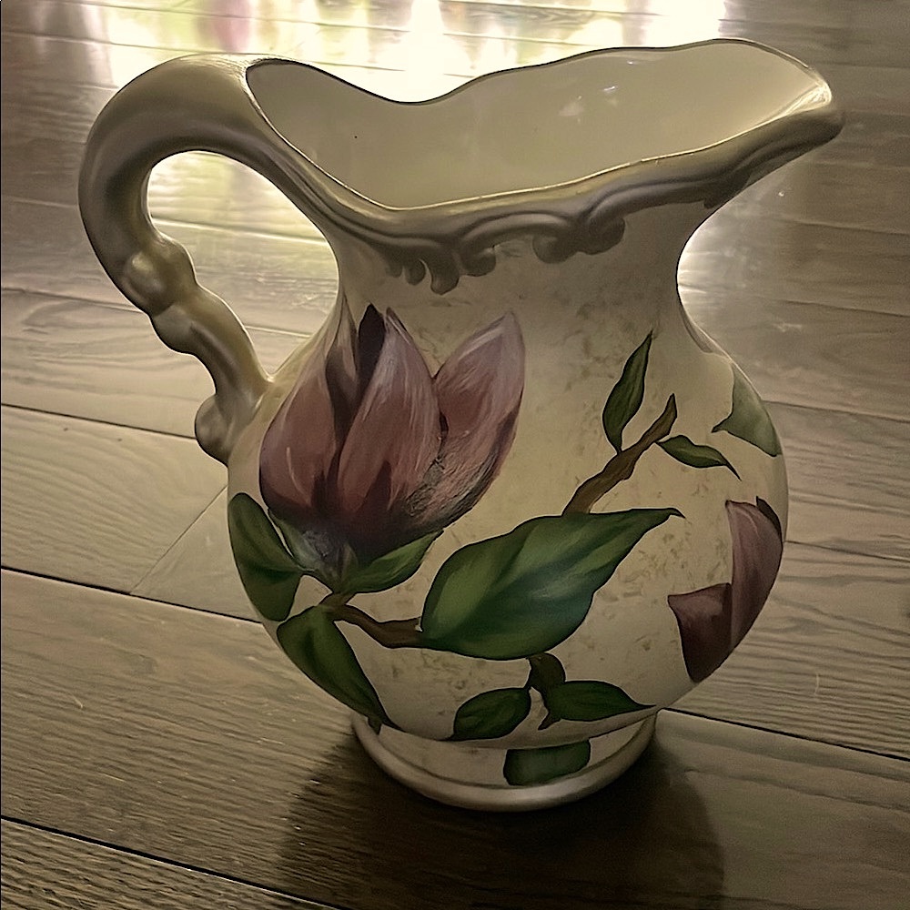 Floral Ceramic Pitcher with Purple and Green Design